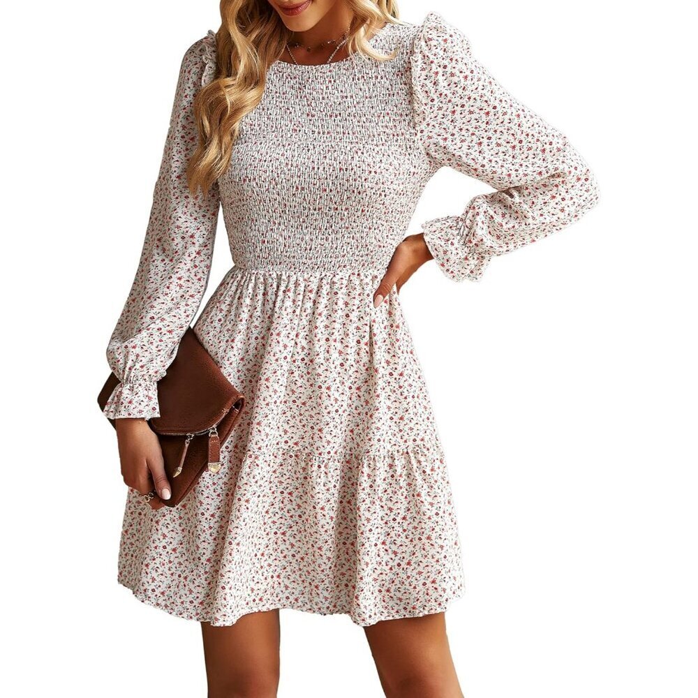 Long Sleeve Floral Dress Women Spring Summer Puff Sleeve A Line Mini